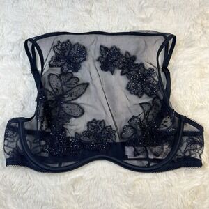 Victoria's Secret Navy Blue Sheer Mesh Embroidery High Neck Underwire Bra S NWT